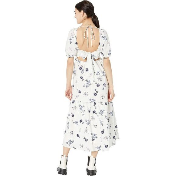 WAYF Women's Tie Back Puff Sleeve Midi Dress Ivory Stamp Floral size S NWT $128 - Picture 2 of 6